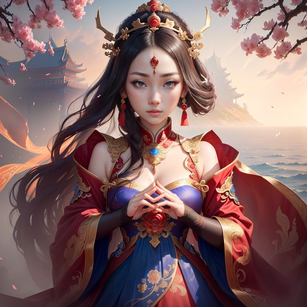 a painting of a woman in a red and blue dress, a beautiful fantasy empress, inspired by Lan Ying, chinese empress, queen of the sea mu yanling, ((a beautiful fantasy empress)), inspired by Ju Lian, ancient chinese princess, inspired by Li Mei-shu, ancient chinese goddess, inspired by Qiu Ying, inspired by Sim Sa-jeong, Highly detailed CG unit 8k wallpaper, masterpiece, High resolution, highest quality, highest quality real texture skin, Super Real, Digital Painting, Best image quality, 最High resolution, 8k, ((Highly detailed eyes and face, Beautiful eyes every detail)), Clasping hands, pray, (in trouble, sad, it hurts, worry, Drooping eyebrows, )