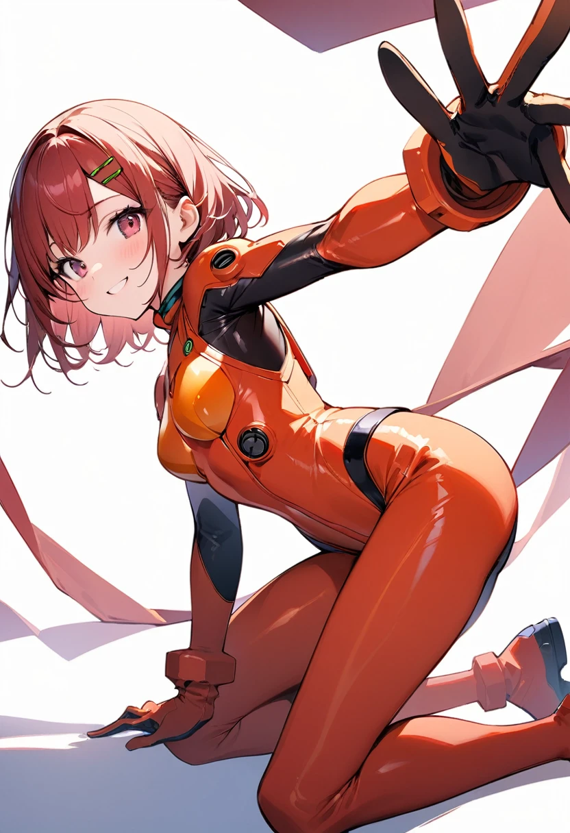 (masterpiece:1.2),Highest quality,Pixiv ,One girl,alone,View your viewers,,smile,White background only,whole body,From the side,One knee,,Look to the side、white background only、Hair Clip, wise_Bodysuits, Pilot Suit, gloves, Plug Suit, red Bodysuits、No background