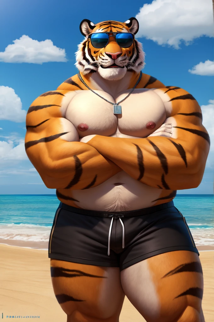Tiger, male, solo, beach, shirtless , black shorts, sick shades, big body, hot male, arms crossed, 4k, 8k, dog tag