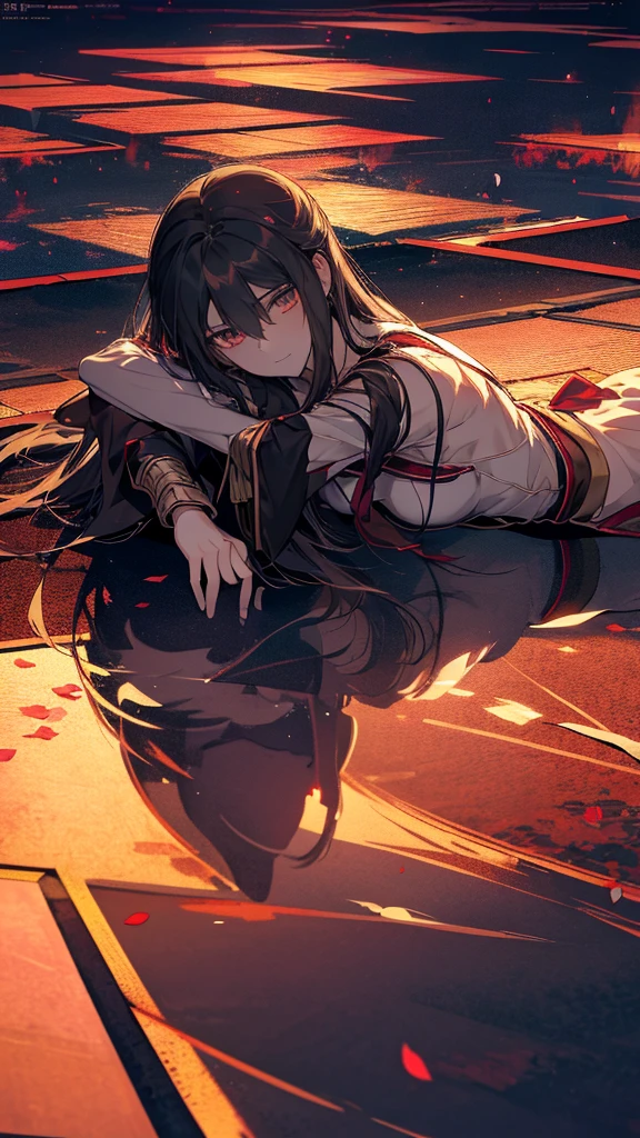 Anime girl lying on the ground with her head up, gapmoe Yandere grimdark, anime style like fate/Stay Night, Danganronpa digital art, Yandere, gapmoe Yandere, by Kamisaka Sekka, Photo of a-1, Dark brown and vermilion, Burning, Promotional Art, Yandere. expensive

