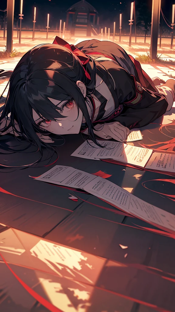 Anime girl lying on the ground with her head up, gapmoe Yandere grimdark, anime style like fate/Stay Night, Danganronpa digital art, Yandere, gapmoe Yandere, by Kamisaka Sekka, Photo of a-1, Dark brown and vermilion, Burning, Promotional Art, Yandere. expensive