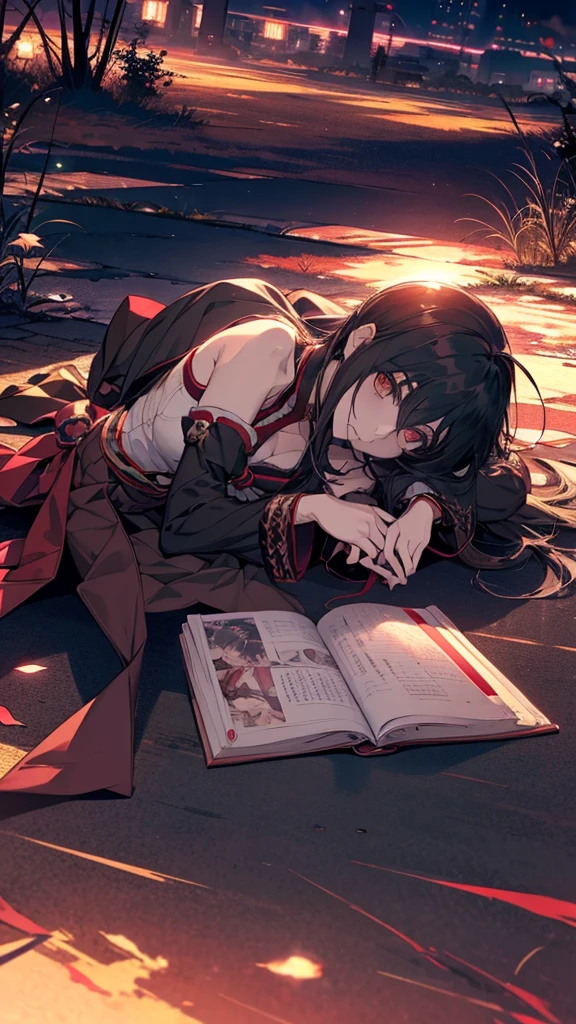Anime girl lying on the ground with her head up, gapmoe Yandere grimdark, anime style like fate/Stay Night, Danganronpa digital art, Yandere, gapmoe Yandere, by Kamisaka Sekka, Photo of a-1, Dark brown and vermilion, Burning, Promotional Art, Yandere. expensive