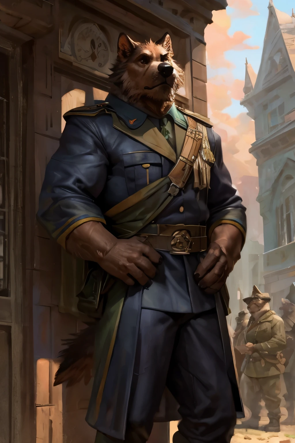 By Taran Fiddler, one man, anthro canine (irish wolfhound), brown fur, dilf, wrinkly face, sad and melancholic look, bushy eyebrows, scar on right eye, one-eyed eye, wearing trench world war two german uniform, hands to his hips, stern facial expression, grumpy, standing in front of a old train station leaning on the wall looking forward crestfallen, in midnight, no use of politic simbols