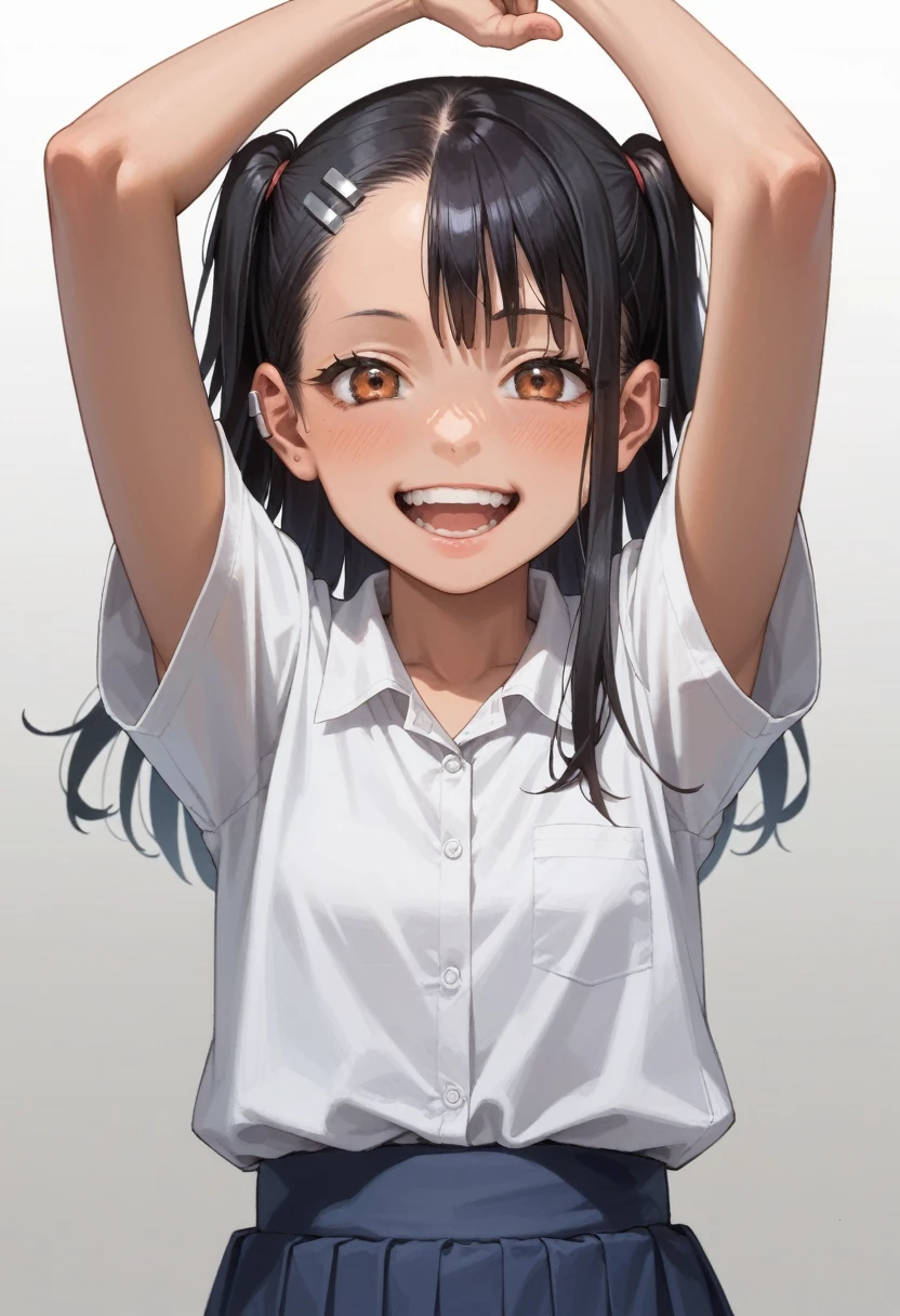 a close up of a person with a fist in their hand, anime moe artstyle, anime character, pose(arms up + happy), with index finger, in the art style of 8 0 s anime, female anime character, in an anime style, nagatoro, inspired by Rei Kamoi, anime style character, marin kitagawa fanart, in anime style