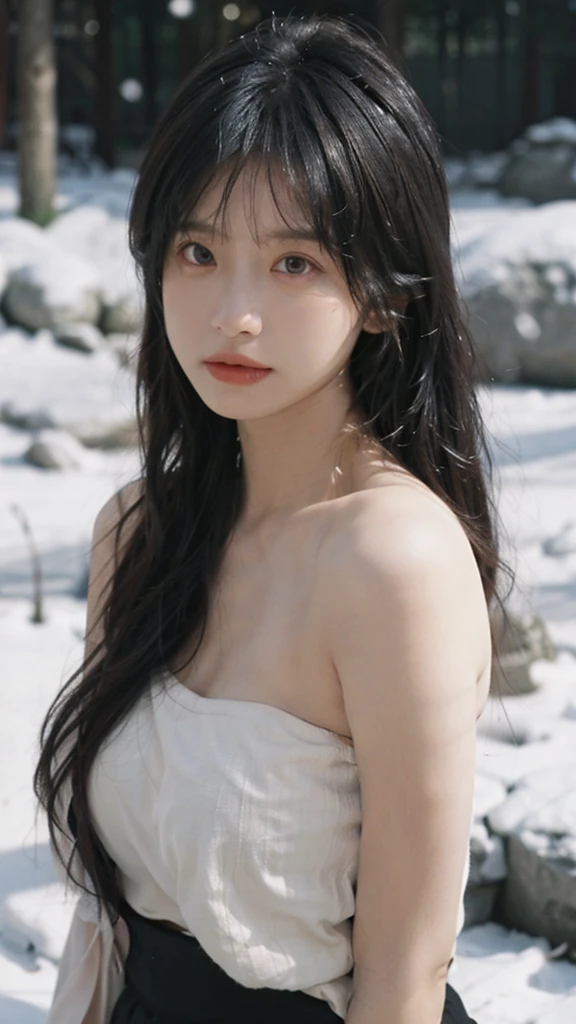 Portrait photography，1 girl，Snow Scene，Snowing background，Thickened cup strapless outer expansion underwear for women with small chest, gathered, non-slip and large, 6cm front buckle, wrapped chest, flat chest, tube top ，（whole body：1.4），Lipstick，(Big Breasts:1.6)，Headband，serene，calm，(Realistic and detailed eyes，Natural skin texture，Realistic facial details)，