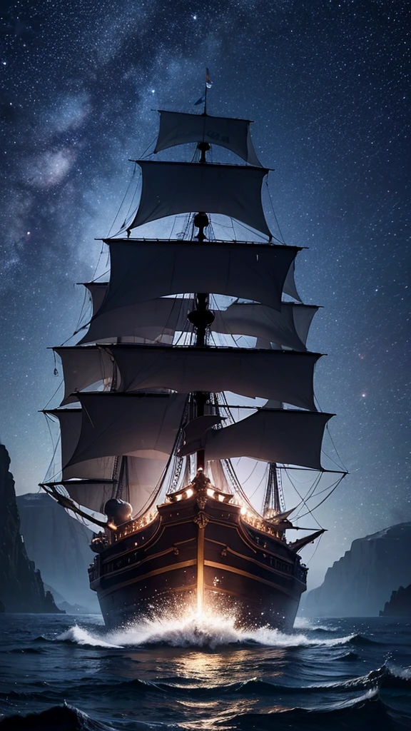 Night Sky、Stars Shining、high resolution、8k、paranormal phenomena、pirate ship