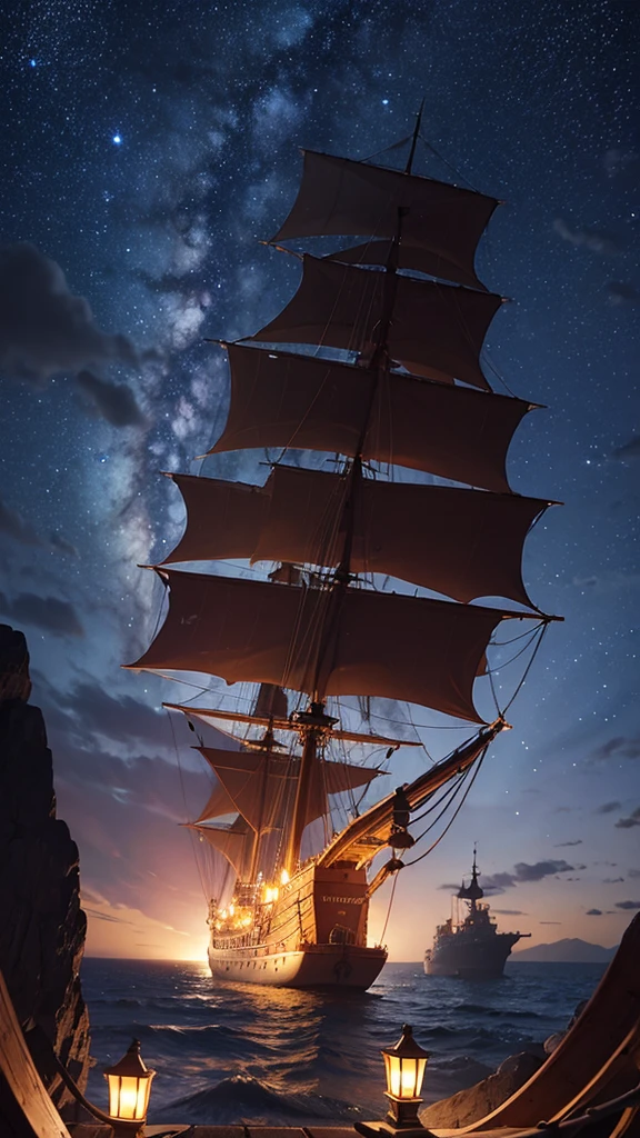 Night Sky、Stars Shining、high resolution、8k、paranormal phenomena、pirate ship
