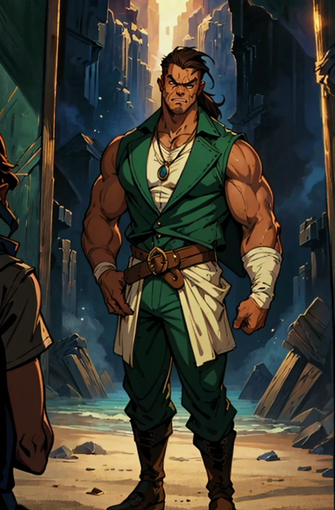 (masterpiece:1.2, best quality, extremely delicate), a man with short brown hair, a short ponytail, brown skin, a handsome face, deep eyes, a wild smile, stubble on his chin, wears a necklace with fangs, a muscular build, a fantasy-reality style blue open short vest, sleeveless, a cloth band on his arm, a yellow belt, green cargo pants, stands on an endless coastline, this character embodies a finely crafted fantasy-reality style rogue in anime style, exquisite and mature manga art style, dramatic, high definition, highres, ultra-detailed, ultra-fine painting, professional, perfect body proportions, golden ratio, anatomically correct, symmetrical face, extremely detailed eyes and face, high quality eyes, creativity, RAW photo, UHD, 32k, Natural light, cinematic lighting, masterpiece-anatomy-perfect,((angry)),full body,