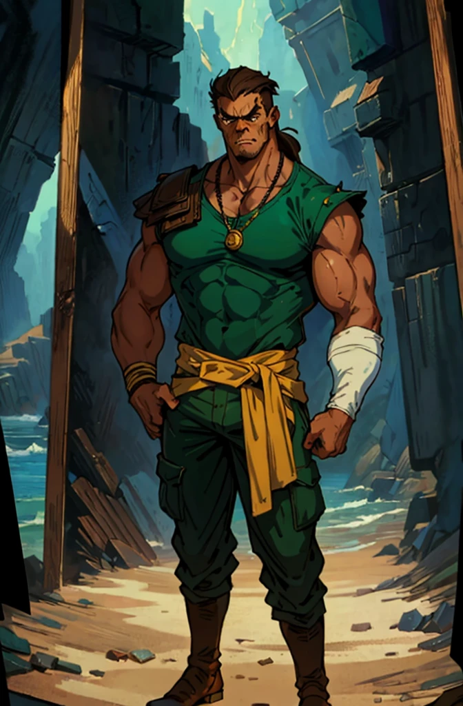 (masterpiece:1.2, best quality, extremely delicate), a man with short brown hair, a short ponytail, brown skin, a handsome face, deep eyes, a wild smile, stubble on his chin, wears a necklace with fangs, a muscular build, a fantasy-reality style blue open short vest, sleeveless, a cloth band on his arm, a yellow belt, green cargo pants, stands on an endless coastline, this character embodies a finely crafted fantasy-reality style rogue in anime style, exquisite and mature manga art style, dramatic, high definition, highres, ultra-detailed, ultra-fine painting, professional, perfect body proportions, golden ratio, anatomically correct, symmetrical face, extremely detailed eyes and face, high quality eyes, creativity, RAW photo, UHD, 32k, Natural light, cinematic lighting, masterpiece-anatomy-perfect,((angry)),full body,