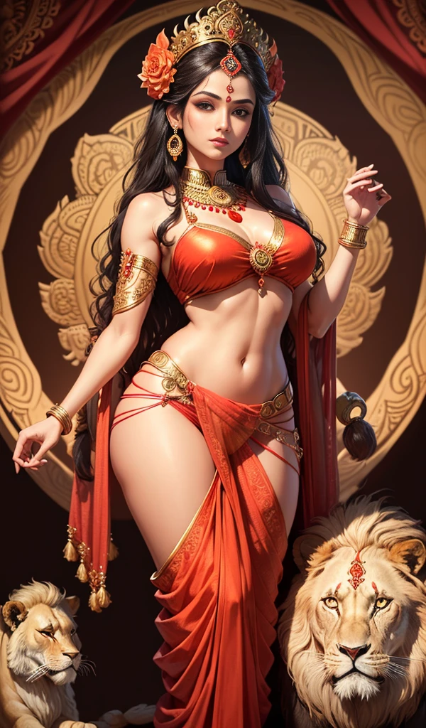 (highly detailed), (illustration), (intricate), (beautiful face), (attractive body), (complete body picture), modern indian goddess, Hinduism, (transparent red saree), dynamic pose, deity crown, (lion standing nearby), colorful, eye-catching, heavenly.