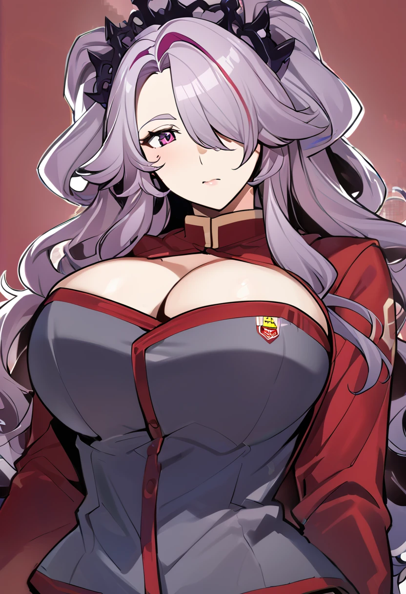 Anime, 1 girl, solo, sprCamilla, hair over one eye, kimtag, red student uniform, crimson colored hair, camilla's huge long fuzzy hairstyle, busty, deep cleavage, genetics's high  , firm strong body, expressive eye, perfect anatomy