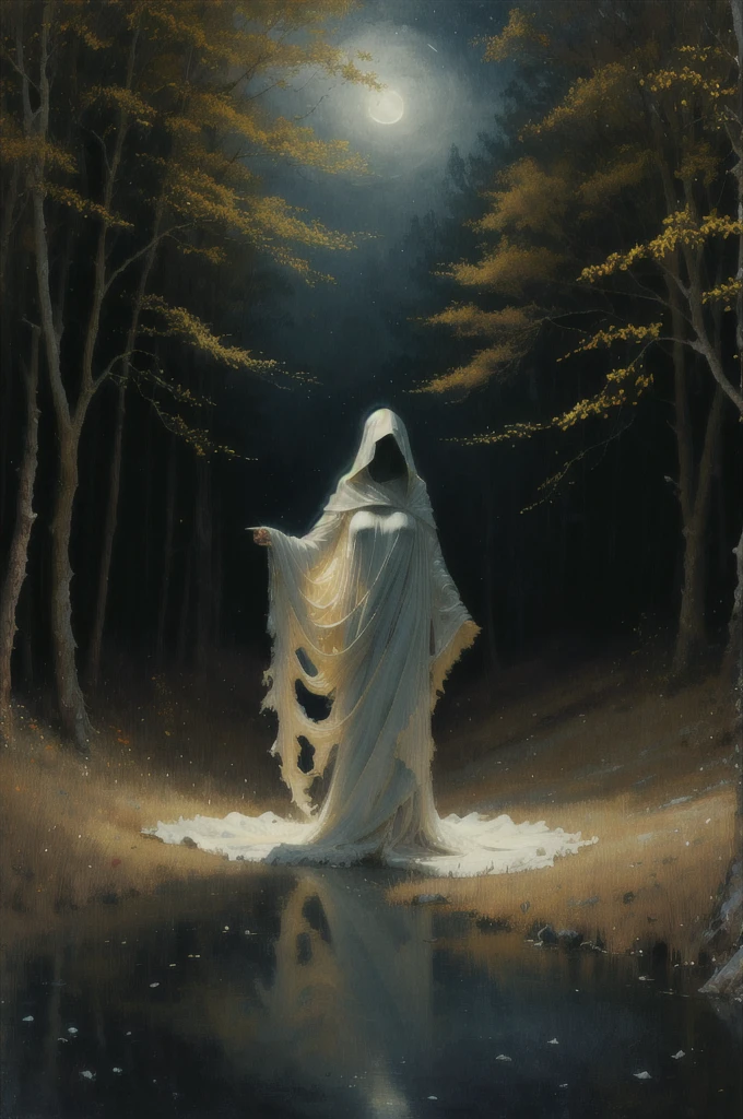 masterpiece, best quality, ultra high res, beautiful, visually stunning, elegant, incredible details,  award-winning art,  g0s1, ghost,hood,torn cloak,  faceless,     nature, forest, night, fog, night sky,     1girl, solo, breasts, no humans, floating, white clothes