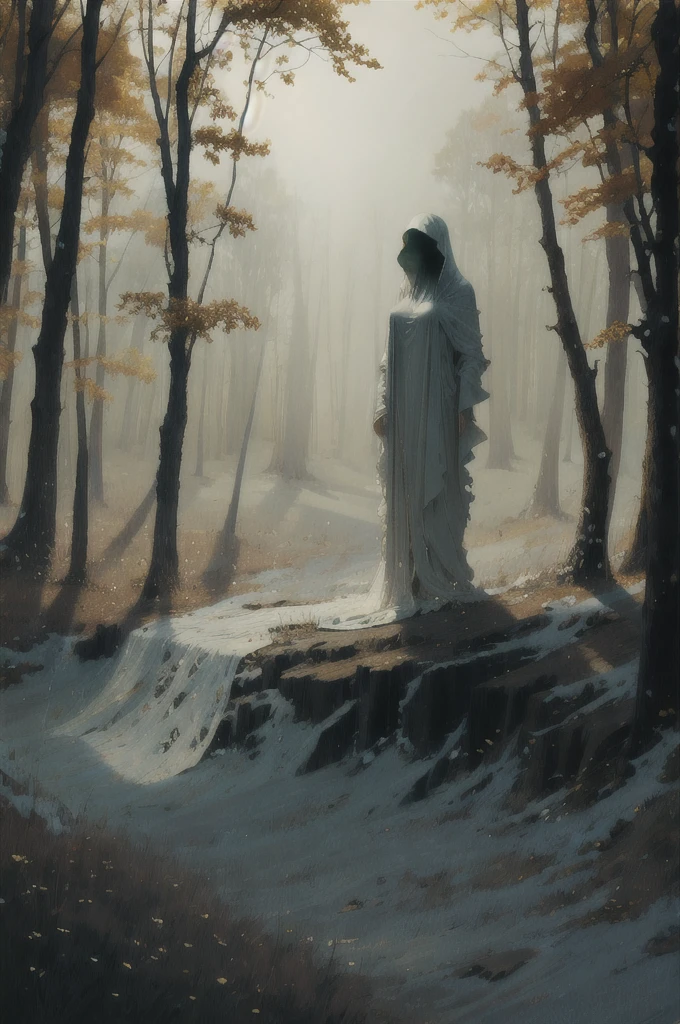 masterpiece, best quality, ultra high res, beautiful, visually stunning, elegant, incredible details, award-winning art, g0s1, ghost,hood,torn cloak, faceless, nature, forest, night, fog, night sky, 1girl, solo, breasts, no humans, floating, white clothes