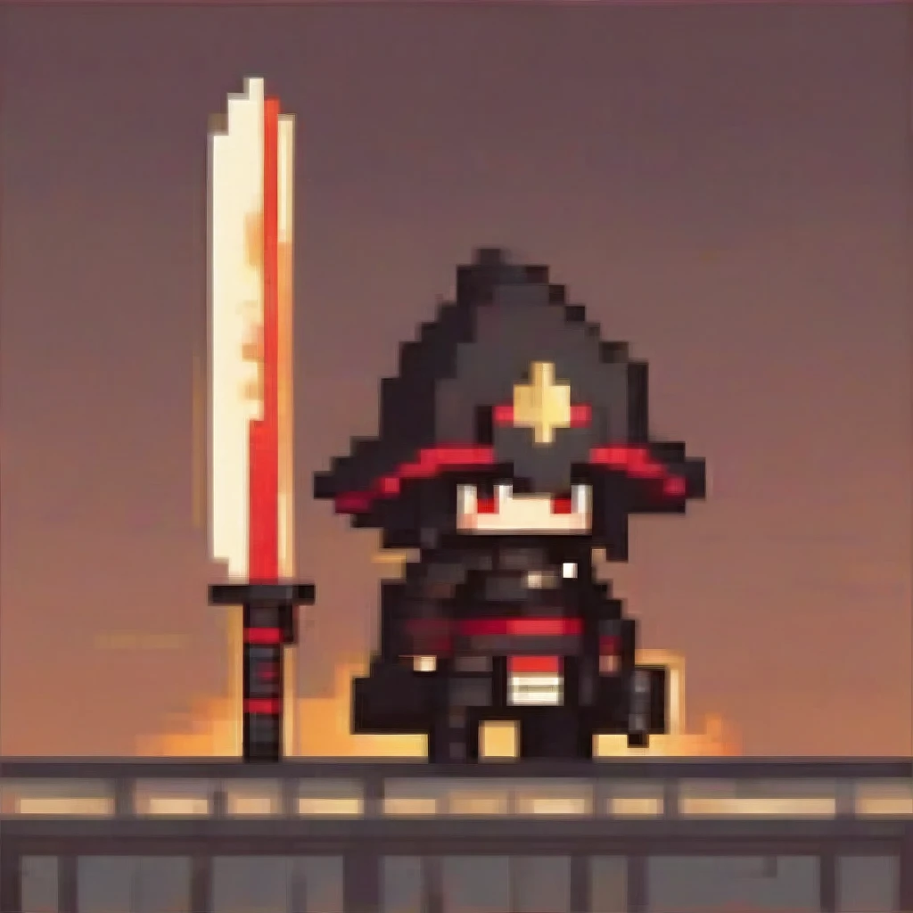 A chibi male character in black and crimson samurai armor from a historical fantasy setting, brandishing a katana. He has a fox tail and ears, glowing amber eyes, and demon-like horns. His katana glows with a dark shadow effect, and he is in a dynamic attack stance. The scene features cinematic lighting and moody colors, in a detailed digital art, concept art style.