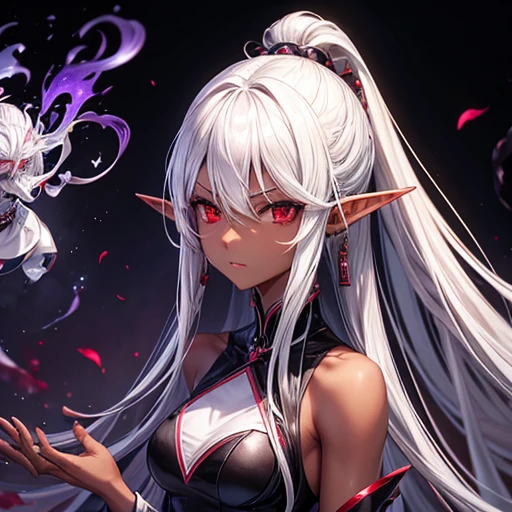 tall、Slim figure。
- Long silver hair tied back。
- Sharp red eyes、Always keep a calm expression。
- A dark-skinned elf wearing a luxurious black and purple chef's uniform