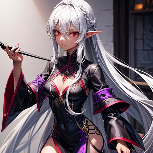 tall、Slim figure。
- Long silver hair tied back。
- Sharp red eyes、Always keep a calm expression。
- A dark-skinned elf wearing a luxurious black and purple chef's uniform
