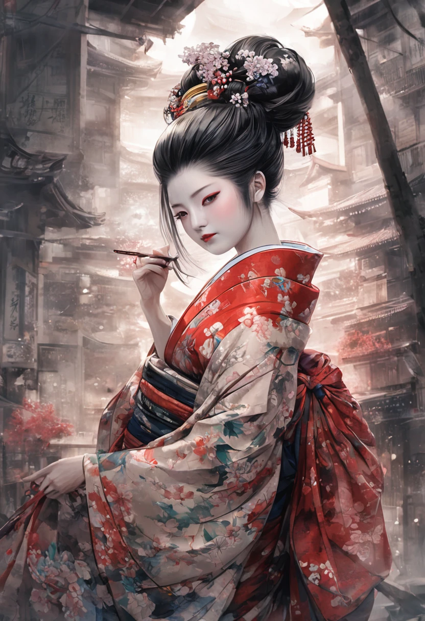 4K,masterpiece,best quality,Ink painting,1color,Beautiful detailed glass hair,Oiran,floral printed kimono,Oiranの髪飾り,Takageta,(Oiran道中),dappled sunlight,
