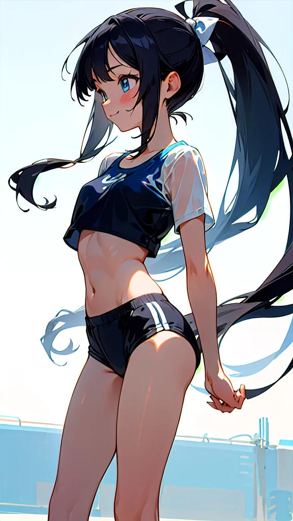 One girl, masterpiece, High resolution, Anatomically correct, blue eyes, cute、ribbon, far and near method, Anime Style, Black Hair, Long Hair, tall、ponytail、Feet out of frame, Sports bra style swimsuit、chest, Shorts、See-through T-shirt、Character profile, smile