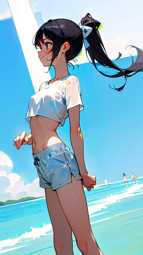 One girl, masterpiece, High resolution, Anatomically correct, blue eyes, cute、ribbon, far and near method, Anime Style, Black Hair, Long Hair, tall、ponytail、Feet out of frame, Sports bra style swimsuit、chest, Shorts、See-through T-shirt、Character profile, smile