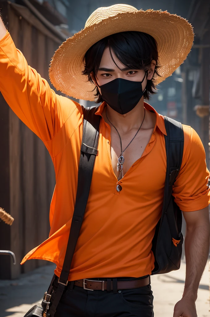 A male character in free fire style With a mask covering his nose With a straw hat with a shiny black eye And an orange shirt with blood