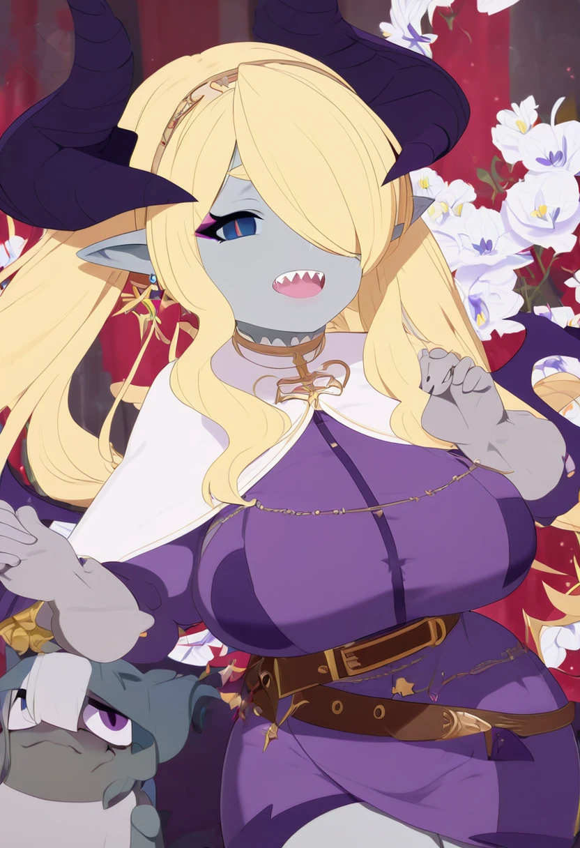 Elfa gato linda surreal, cabelos muito ruivos e detalhados, rosto detalhado, grandes chifres de demonio, gorda, corpo inteiro, grandes olhos, nariz longos e pontudos, colettetrixie, sharp teeth, hair over one eye, hairband, demon horns, colored sclera, purple shirt, purple shorts, demon wings, 1girl, long hair, pointy ears, twintails, jewelry, elf, earrings, capelet, white capelet, long sleeves, parted bangs, dress, belt, flower, gloves, puffy short sleeves, red eyes and blue eyes, striped, very big tits, very very big ass, very chubby, 8k, hd, hdr, grey/gray skin, grey sclera, long blonde hair, white iris, demon horns, makeup