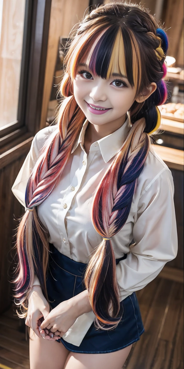 ((holding a large loaf of bread))、
12 year old girl、
Day本アイドル、

Cute Smile、
Lewd smile、　
Panting face、Pant voice、
Fluid organization:1.6), One beautiful girl with really wild hair, (Colorful wavy hair:1.2),( Two long braids:1.2), (Long wild hair:1.2), (Multicolored Hair: 1.9),Cute smile
Bakery Sales Staff、

Angle from directly below、
Low - Angle、スーパーLow - Angle、
apron、
blouse(See-through)、
はだけるblouse、
My shirt is open、
Open shirt、
hot pants、
ピンク色のhot pants、I can see a little underwear、Thighs、Butt、Beautiful buttocks、
I'm cleaning、
I'm wiping the floor.、Wipe the floor with a rag、
Bend over to clean、




clear、serious
Bakery Cafe、bread
Bakery clerk、Day本アイドル、

(masterpiece), (Highest quality:1.4), Absurd, [:Intricate details:0.2],  (View your viewers:1.2), Day,  reflection、
Reddish hair，Golden Student，enjoy，Moist，肉感Thighs，Slim figure，Moist, Glowing pink skin，transparent，Mature Woman，Affectionate expressions，情熱的に取り組んでいます

Day本アイドル