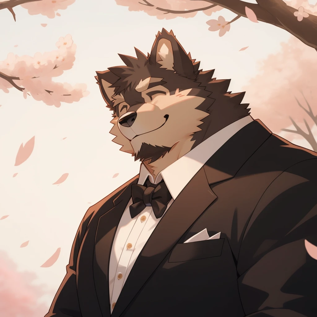 Scribble 德国牧羊dog face,Smile,Humanity(dog),(Formal wear:1.3),Muscular,(Brown eyebrows:1.1),(With eyes closed),Cherry blossoms,Black fur。（artist:Takemoto Arashi）