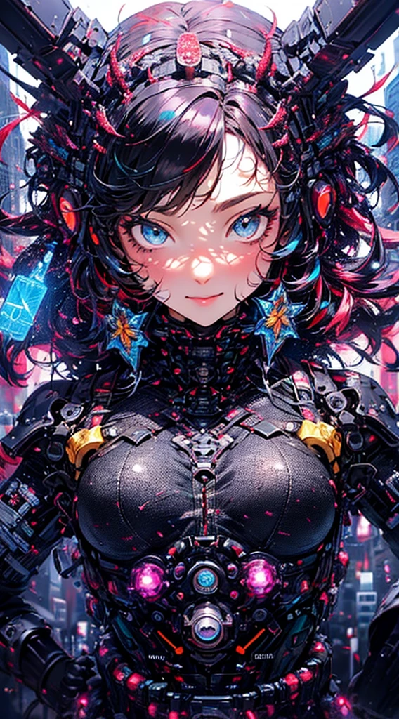 ((cyberpunked)),((flowercrown)),Optical camouflage、headset on head、Neon light、City of the Future、Glowing jumpsuit、(1girl in, Solo:1.6),(Cute smile),(Clothes are simple), (Best Impact:1.5), (maximalism:1.7), Vivid contrast, (Realistic), hyperrealistic illustrations, hight resolution, ultra-detailliert, absurderes,(Fractal Art:1.3)、Random hairstyle、Random hair color colorful、FULL BODYSHOT、Retro、Precise focus、randome pose、cinema4d、Drama