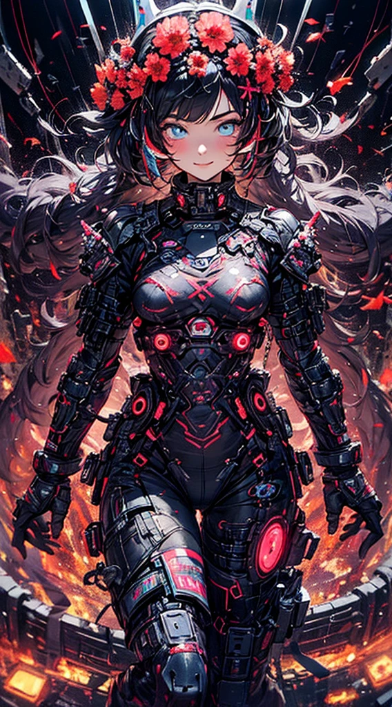 ((cyberpunked)),((flowercrown)),Optical camouflage、headset on head、Neon light、City of the Future、Glowing jumpsuit、(1girl in, Solo:1.6),(Cute smile),(Clothes are simple), (Best Impact:1.5), (maximalism:1.7), Vivid contrast, (Realistic), hyperrealistic illustrations, hight resolution, ultra-detailliert, absurderes,(Fractal Art:1.3)、Random hairstyle、Random hair color colorful、FULL BODYSHOT、Retro、Precise focus、randome pose、cinema4d、Drama