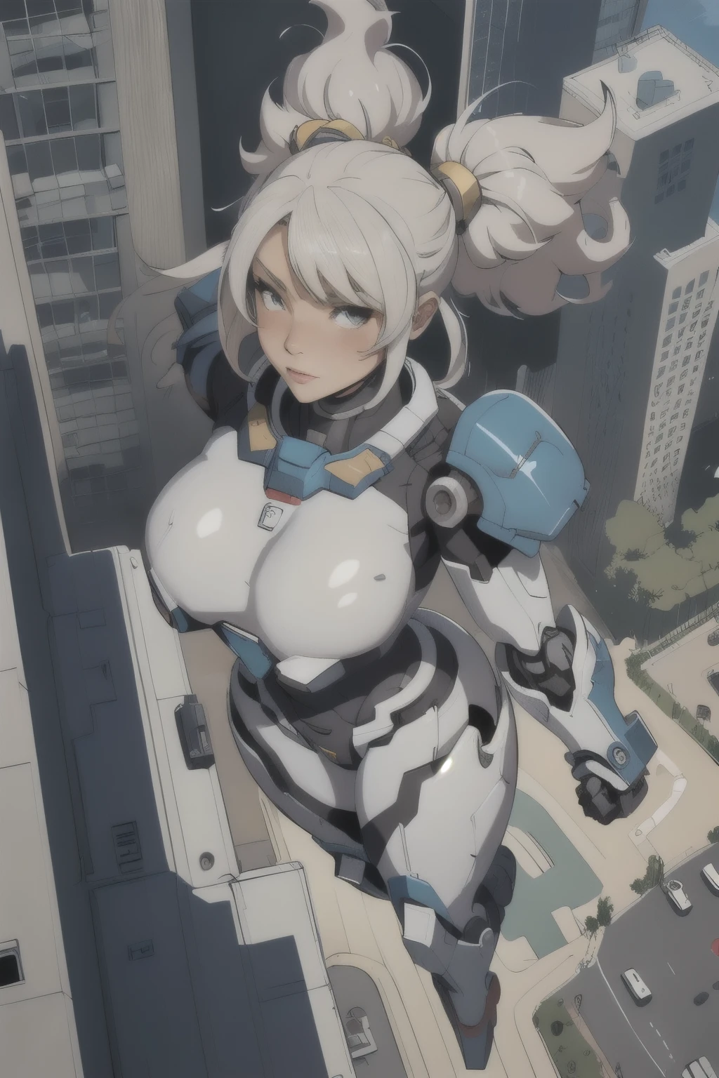 1 Girl, Mecha, City, whole body, floating, Throw, from above, Power Armor, Dynamic poses,