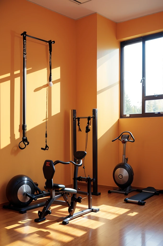 Generate a 3D live studio background image for fitness，Warm colors，Symmetrical composition，Large space，Fitness equipment available，There is a background wall，No windows indoors