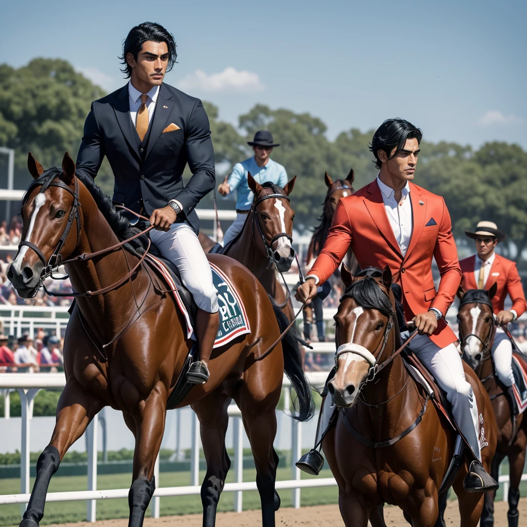 A 27 year ood man that is a muscular, attractive, black hair with somewhat tan skin, brown eyes, sharp jawline, thick eyebrows, racing silks outfit with bright and colorful colors inspired by polo men. Horse race track in the background With people riding horses.