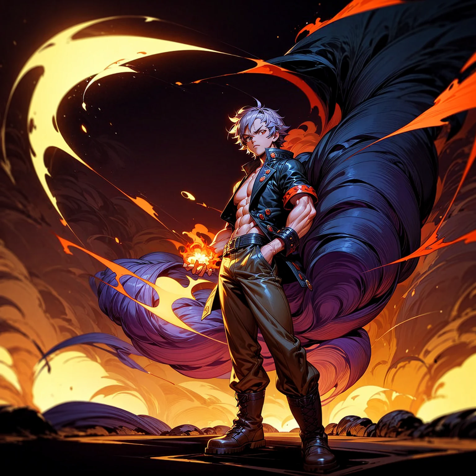 1character, full body version, character is man version, hazel eyes, dark purple colour hair, Shaggy hairstyle, (muscle, naked body), clothing style is punk, boots, Grassroots, full background in fire city, motion blur, big flame in hand, standing gesture, (one piece style art), flame lava in hands, smoke, smoke effect, aura effect, lightning flash, silhouette, big Fire in hands, fire city 