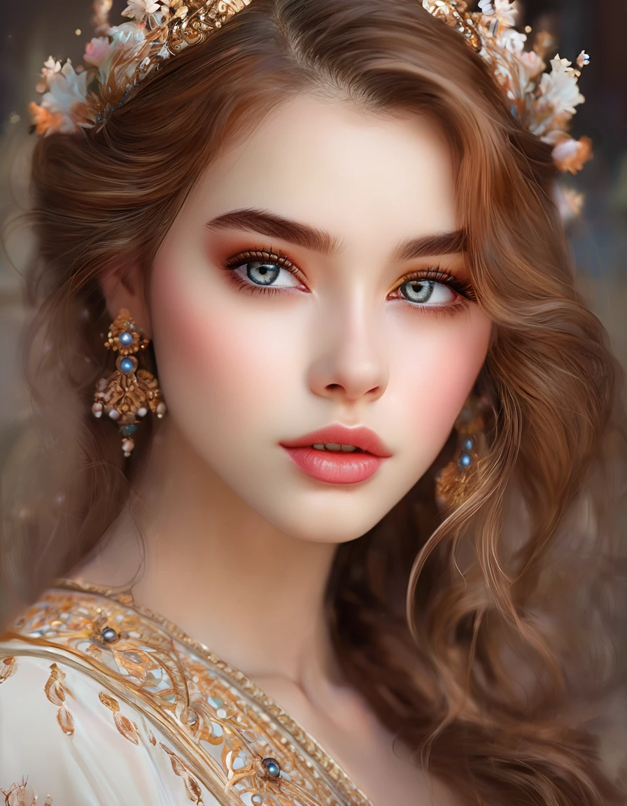 a beautiful girl, extremely detailed face and eyes, long eyelashes, beautiful detailed lips, 1girl, portrait, fantasy, digital painting, ethereal, soft lighting, warm colors, cinematic, highly detailed, intricate, ornate, elegant, delicate, serene, dreamlike, breathtaking, stunning, exquisite, masterpiece