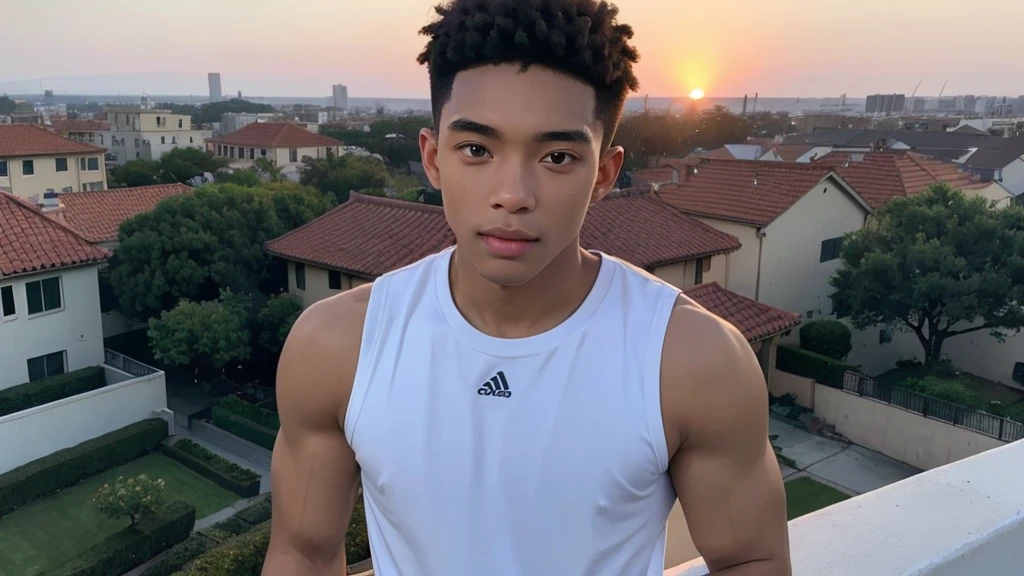 closeup photo, black male, 22 years old, handsome, strong built, in rooftop of his home, overlooking houses, beautiful sunrise