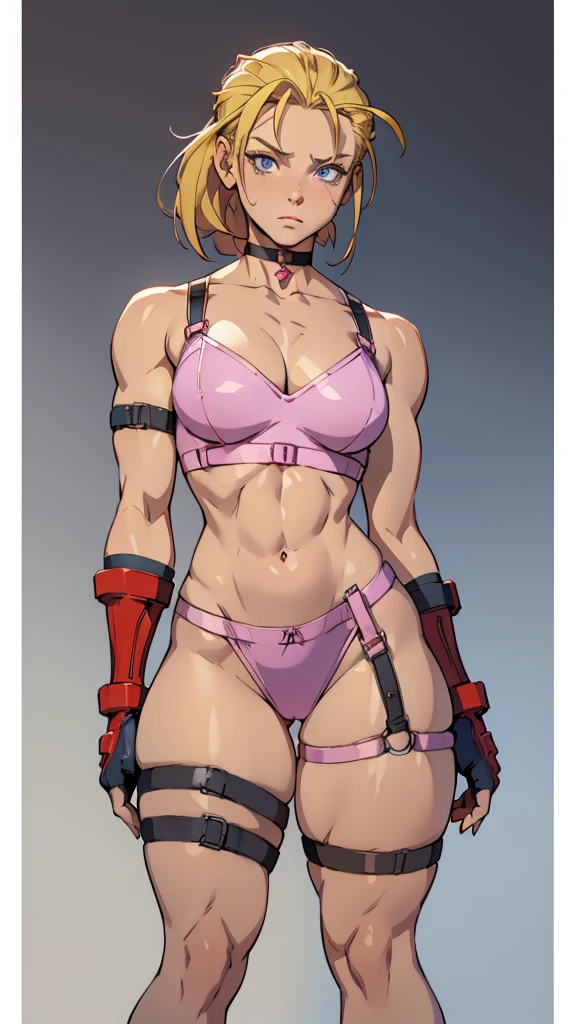 cammy sf6, choker, 1 girl, standing alone, looking ahead at viewer, blue colored eyes, scar on the face, red gloves, scar on cheek, muscular, antenna hair, hand on hip, black choker, thick-thighs, hair blonde, gloves fingerless, shorth hair, thick-thighs,  muscular female, tummy, wearing pink lingerie