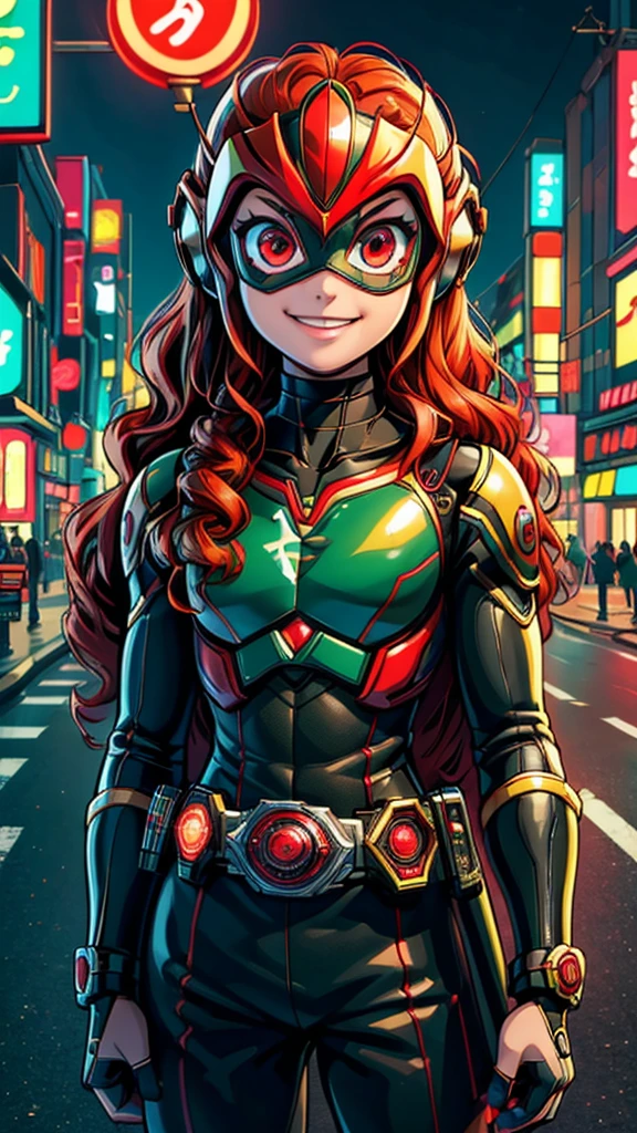 (8k),(masterpiece),(Japanese),(8-year-old girl),((innocent look)),((Childish)),From the front,smile,cute,Innocent,Kind eyes,Flat chest,red helmet,green domino mask, Merida, bald,no Hair,Strong wind,night,dark, Neon light cyberpunk city,Kamen_Rider,camisa