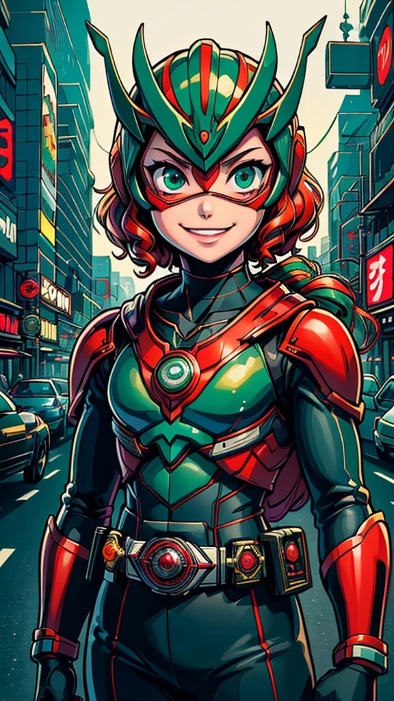 (8k),(masterpiece),(Japanese),(8-year-old girl),((innocent look)),((Childish)),From the front,smile,cute,Innocent,Kind eyes,Flat chest,red helmet,green domino mask, Merida, bald,no Hair,Strong wind,night,dark, Neon light cyberpunk city,Kamen_Rider,camisa