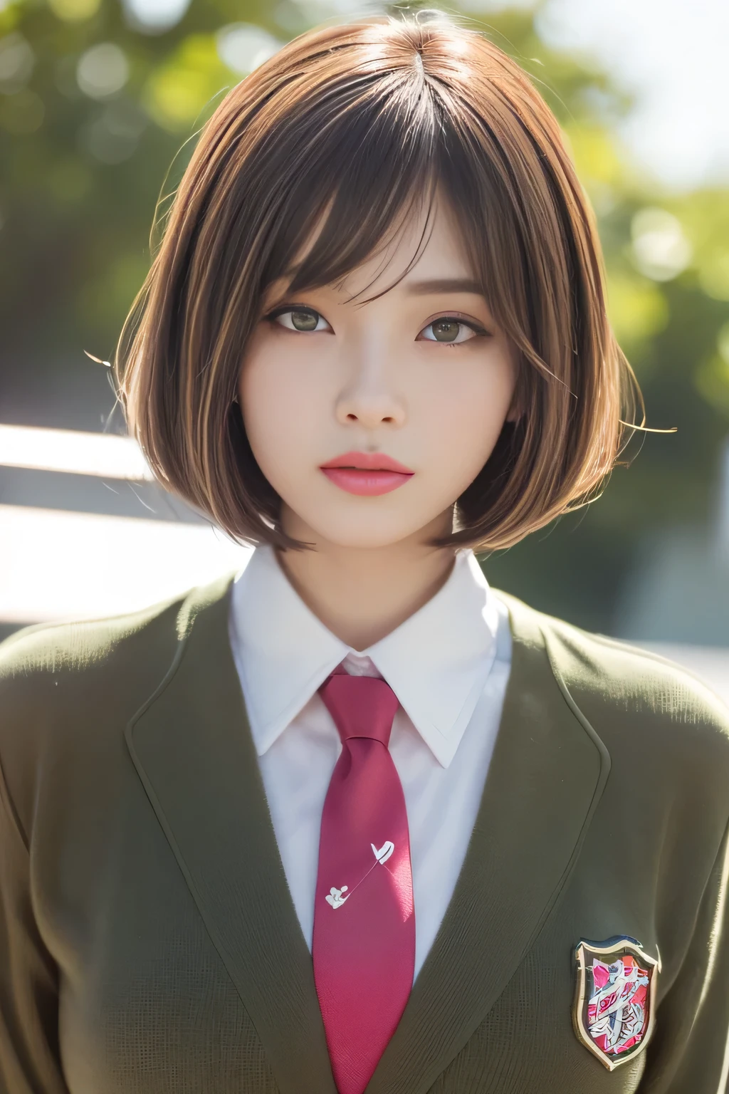 (1 girl:1.3), Face close-up, Japanese, 17 year old supermodel, skinny body, high school girl, (From the side), (Highest quality:1.4), 32K resolution, (Realistic:1.5), (超Realistic:1.5), High resolution UHD, (masterpiece:1.2)), (Improvement of quality:1.4), (Very beautiful facial details), (Highest quality realistic skin texture:1.4), (Perfect Anatomy:1.2), (Are standing:1.37), (((school uniform, Red tie, Pink long sleeve blouse shirt:1.37))), Red Plaid Pleated Skirt,  Does not emphasize the bust top, ((No background:1.15)), Accurate Fingers, Symmetrical eyes, Staring at the audience, Natural Makeup, (The most absurd quality of perfect eye:1.25), ((Incredible resolution and clear quality eye)), (Realistic eye),Perfectly round eyes,Detailed pupils,(Olive Green_eye:1.37), compensate:1.21,length_green_eyeliner:1.21,(pink_lipstick:0.9), (Very intricate details:1.2), (Detailed and accurate nose:1.21), Perfect composition, (tired, Sleepy and satisfied:0.0), (Correctly drawn beautiful lips:1.21),(Flat Chest:1.2), (skinny lower body), Brown hair blowing in the wind, (fluffy bob cut hair:1.37), Anxious face, Gentle light illuminates the face and body, Spectacular and inspiring cinema lighting