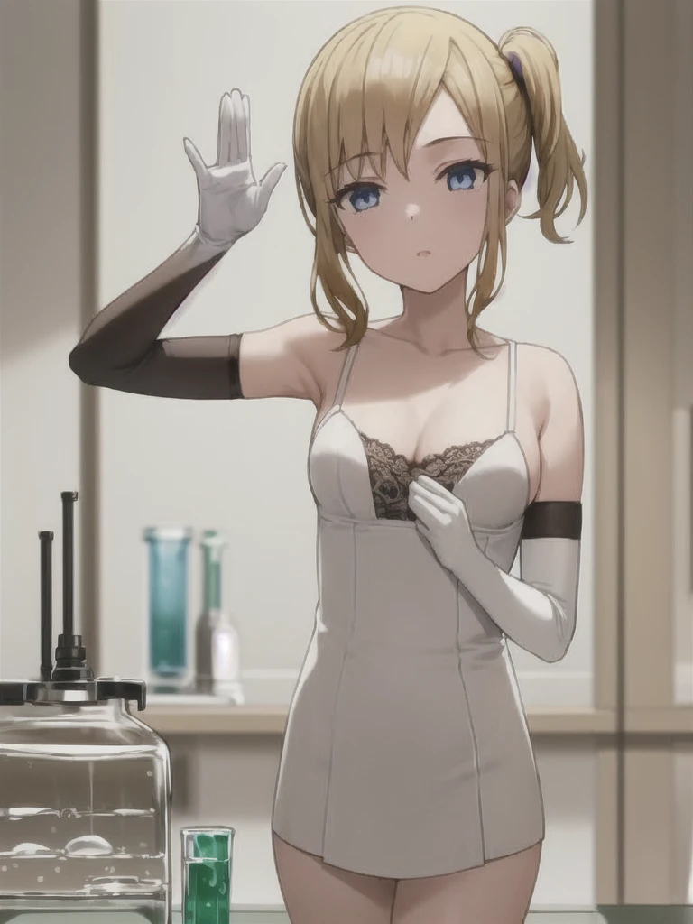 (in laboratory, masterpiece, best quality:1.2), 1girl, (holding her baby), waving hair, side ponytail, lingerie, ((elbow gloves))
