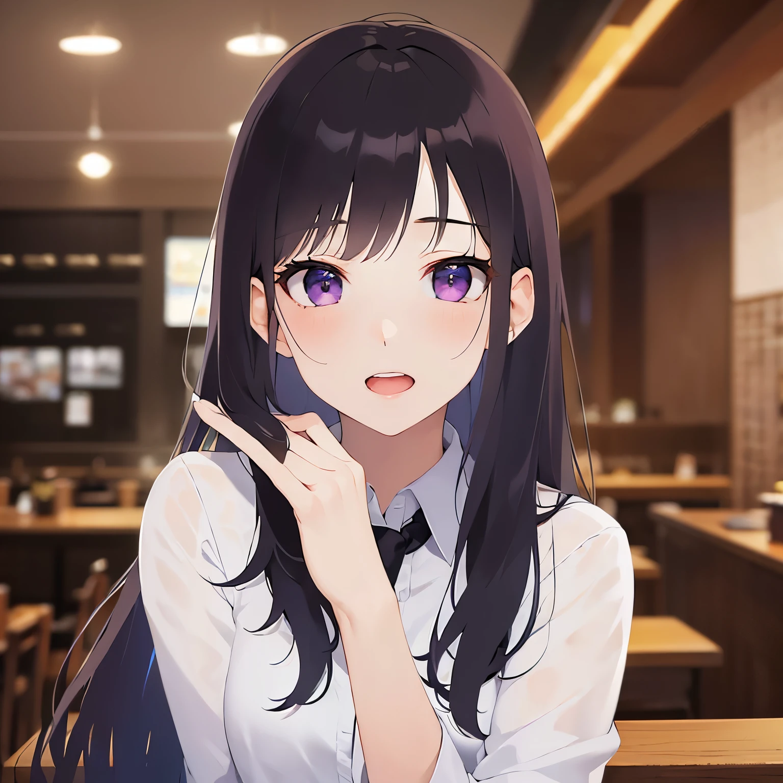 (hand up:1.3), Upper Body, Realistic, real person, (pale skin: 1.2), RAW photo, photorealistic, shiny skin, shiny hair、(A 25-year-old woman with straight hair and bangs) and (medium hair) and (black hair) and (purple eyes) , (white collared shirt)、smile, open mouth, The background is the interior of a restaurant at night.、Alone、Are standing