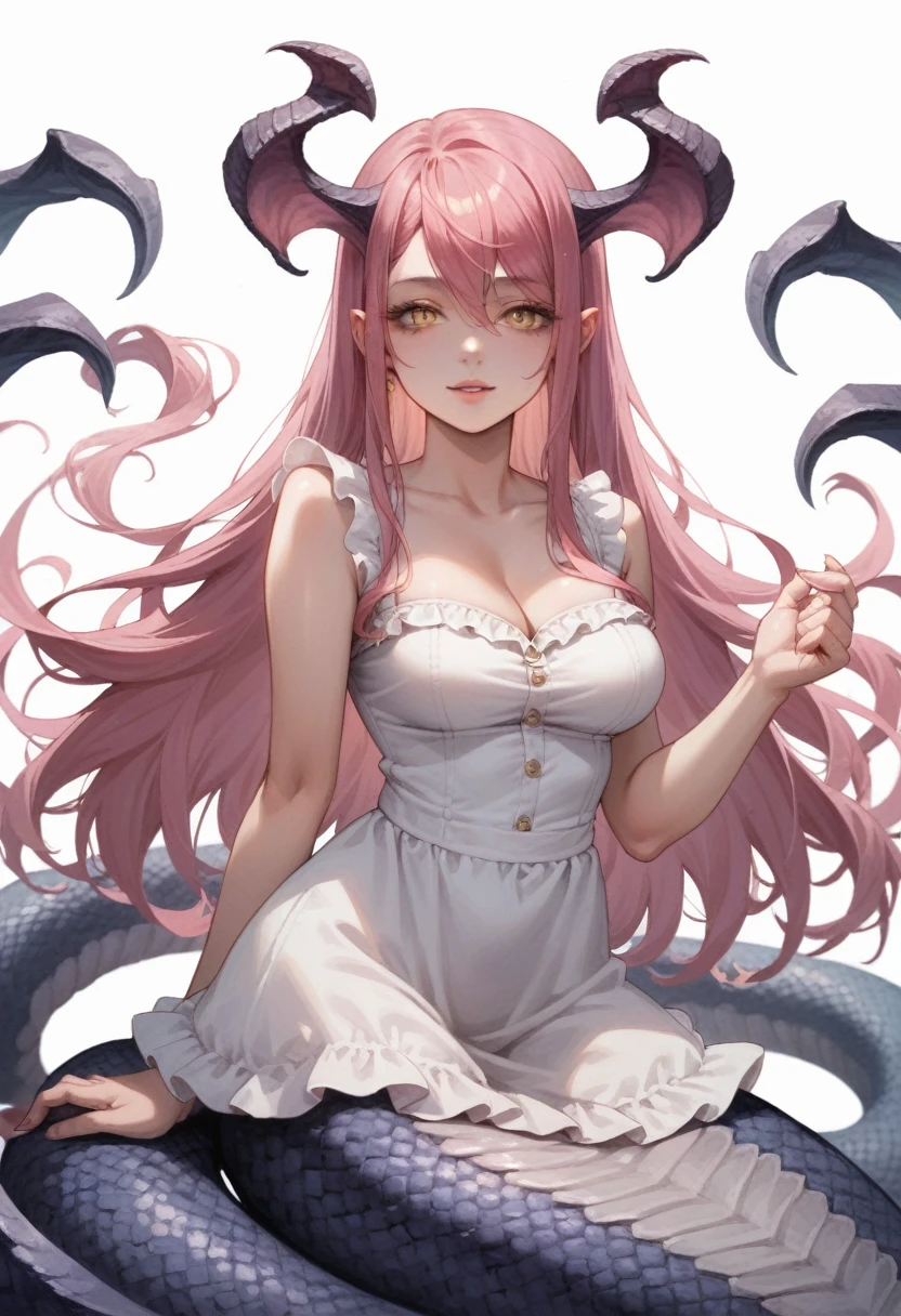 anime girl with pink hair and horns posing for a picture, beautiful succubus, succubus, lamia, demon anime girl, succubus in tight short dress, succubus in sundress portrait, seductive anime girl, succubus | medieval, anime monster girl, demon girl, demoness, anime goddess, knights of zodiac girl, mika kurai demon
