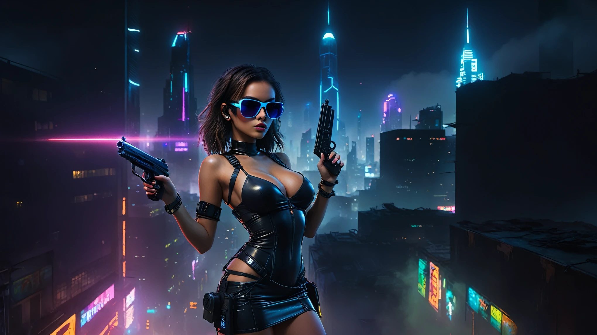 dark futuristic landscape, at night, neon lights, Atmospheric fog, large buildings in the background, futuristic city, streets with open shops, skyscraper (postapocalyptic city:1.3). (((1girl, solo, alone))), large-breast:1.2 slim body, cleavage:1.1, sexy miniskirt, (((headphone, black sunglasses, standing and holding pistol pose))), (((half-body thigh level medium shot))), cinematic lighting, lens flare, ray tracing.