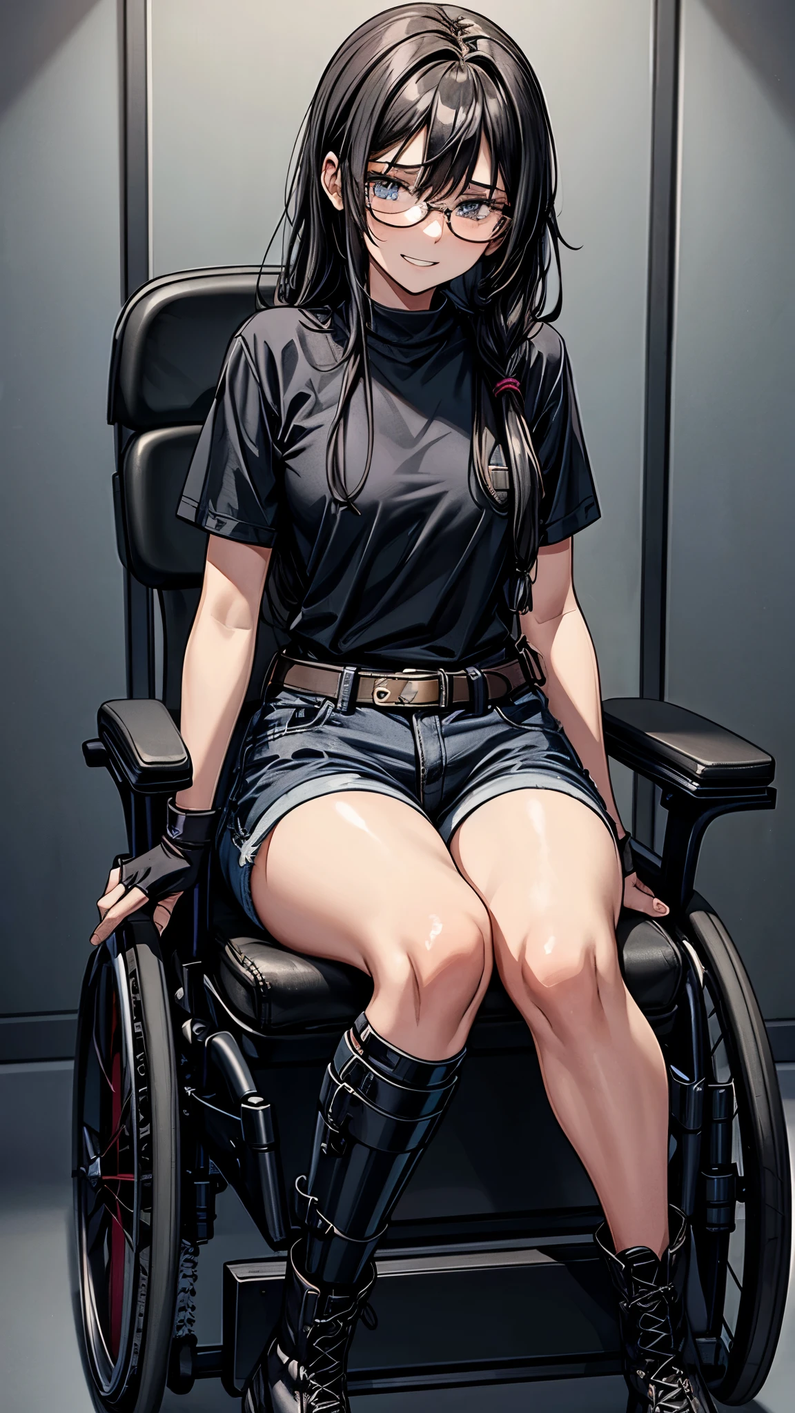 One 19 years old girl,girl in electric wheelchair,eight heads tall,thin legs,black messy hair,black middle hair,hair over eyes,glasses,dark,it hurts,scary,nervous eyes,grin,she’s riding a electric wheelchair,legs in cast,leg brace,leg brace,black meshed tops,short sleeves,micro shorts,lace up long boots,fingerless glove,knee pads,elbow pads.((the girl secured with many belts,her head is restrained wheelchair)).