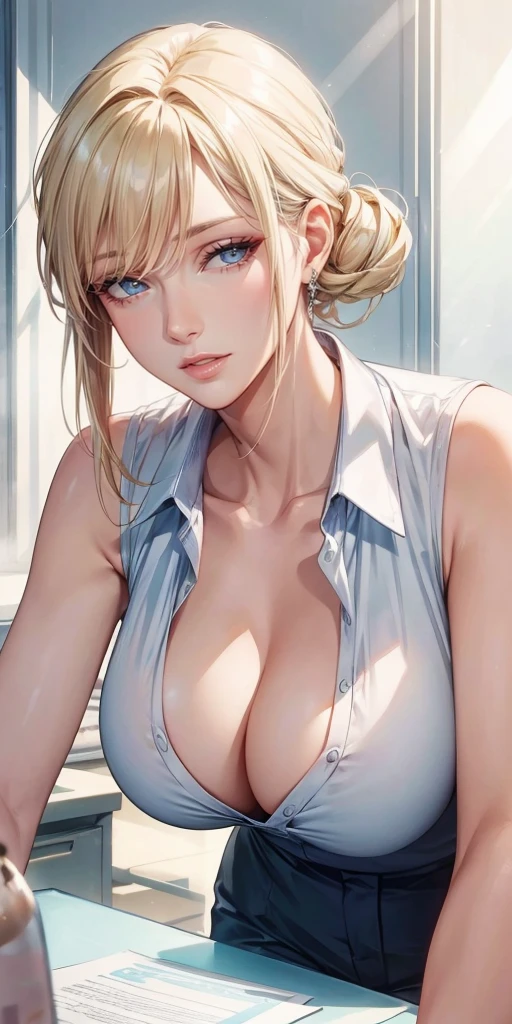 Elegant woman, milf, blonde hair, blue eyes, soft light, high detailed, 4k resolution, high quality