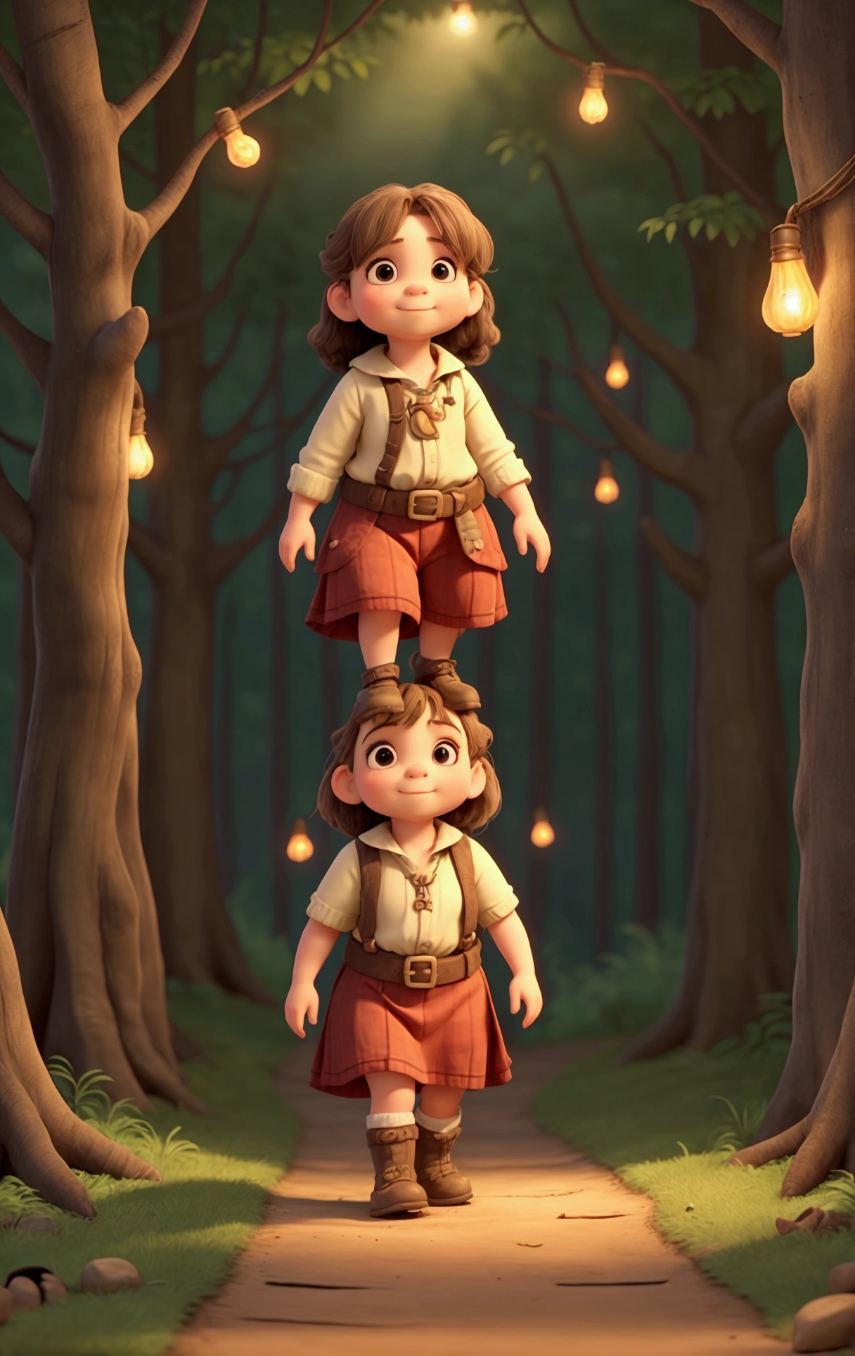 a dwarf girl, walk through the forest, is on top of a groundhog, there are fireflies