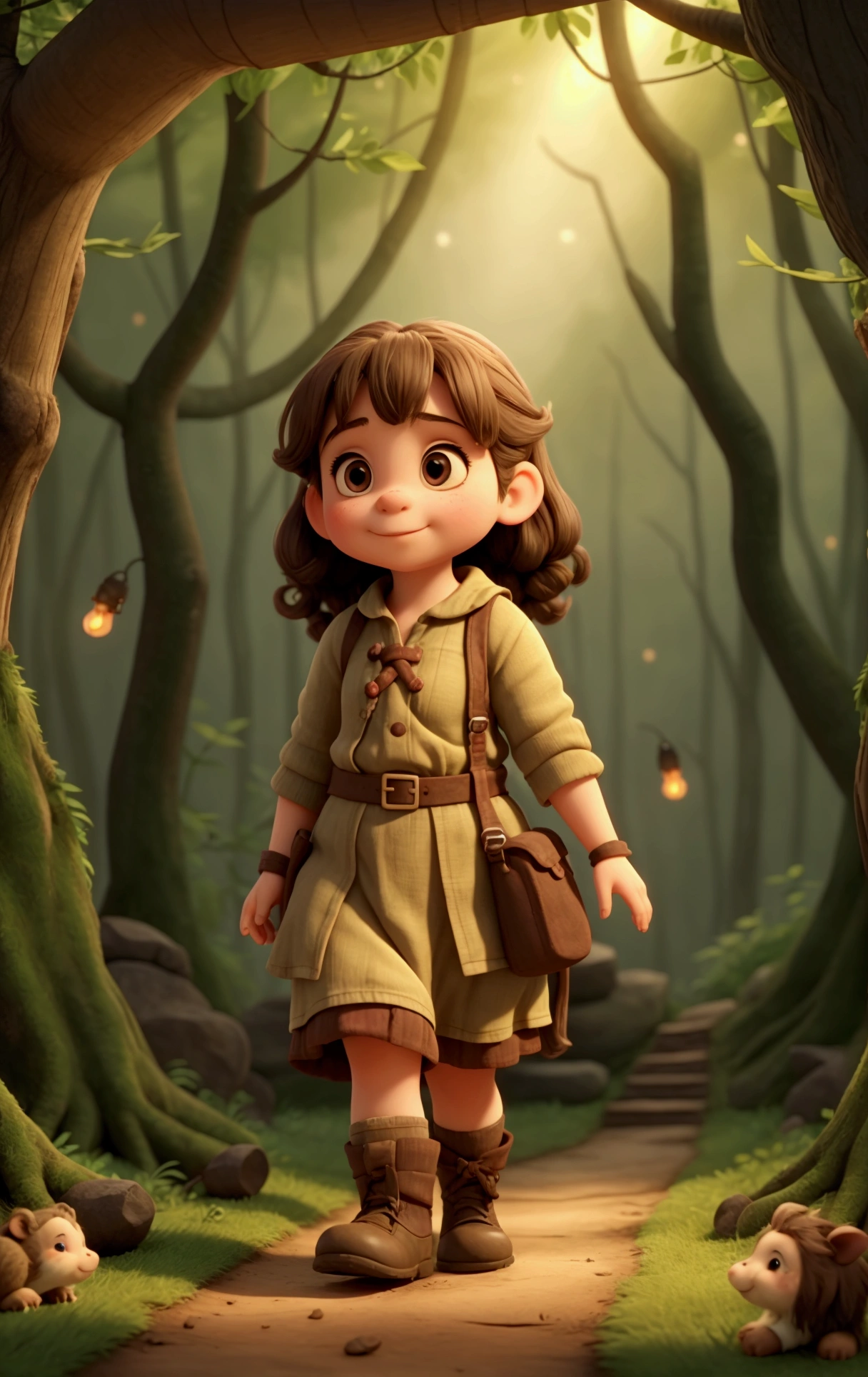 a dwarf girl, walk through the forest, is on top of a groundhog, there are fireflies