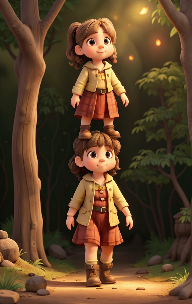 a dwarf girl, walk through the forest, is on top of a groundhog, there are fireflies