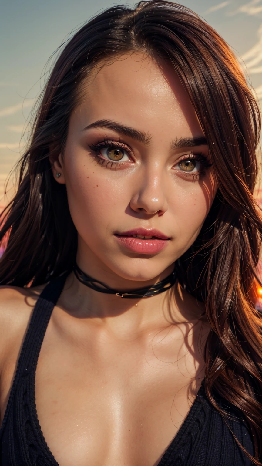 1 young cute iranian girl, very slim, skinny, redhead, rouge, red neck lace choker, cateyes makeup, colorful, oversize knit jumper, softcore, warm lighting, cosy atmosphere, Instagram style, red theme, upper body shot,(cinematic, black and red:0.85), (sunset beautiful background:1.3), sharp, dim colors