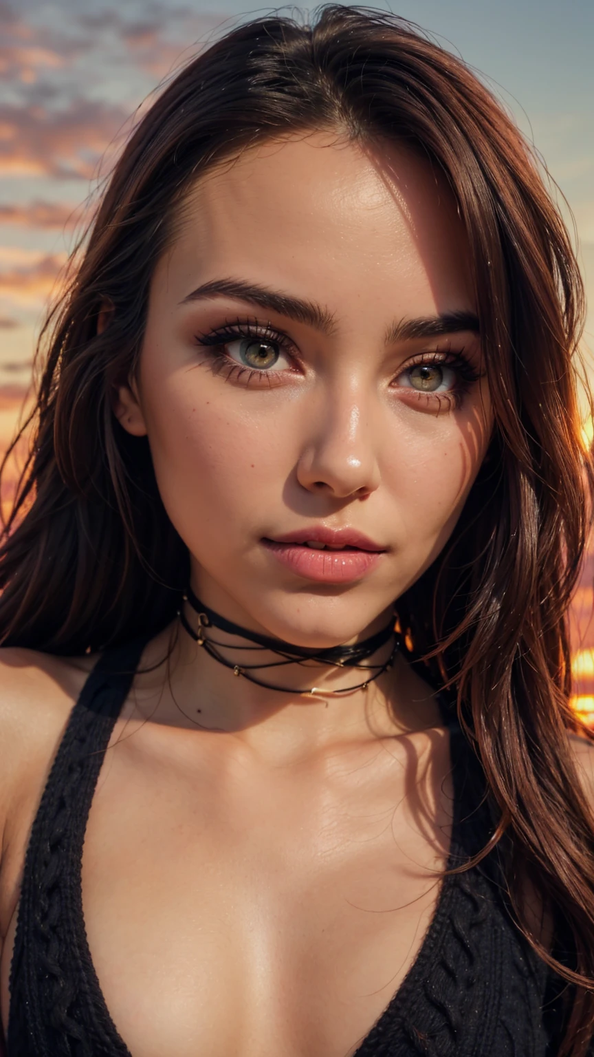 1 young cute iranian girl, very slim, skinny, redhead, rouge, red neck lace choker, cateyes makeup, colorful, oversize knit jumper, ????????, warm lighting, cosy atmosphere, Instagram style, red theme, upper body shot,(cinematic, black and red:0.85), (sunset beautiful background:1.3), sharp, dim colors